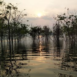 Scenic view of lake against sky at sunset