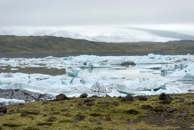 Solheimajokull glacier melting as a result of climate change and global warming, iceland