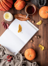 High angle view of opened blank book autumn on table