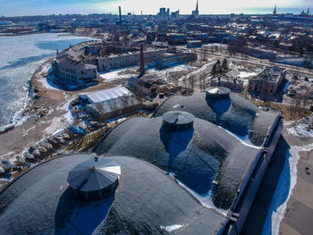 High angle view of buildings in city