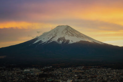 Mount fuji san at lake kawaguchiko in japan on sunrise. vintage tone