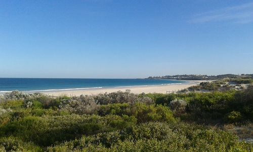 Scenic view of calm blue sea against clear sky