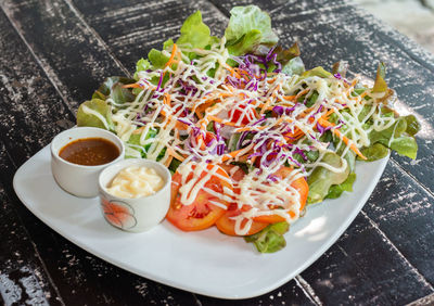 High angle view of meal served on table