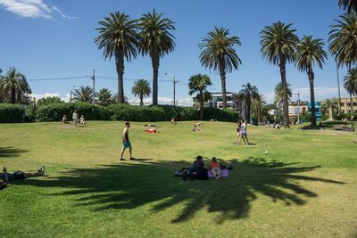 Group of people relaxing on grassland