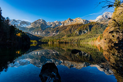 Scenic view of lake and mountains against blue sky