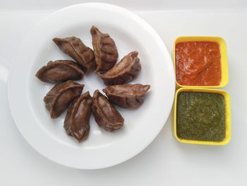 High angle view of breakfast in plate on table