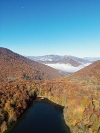 Scenic view of mountains against clear blue sky