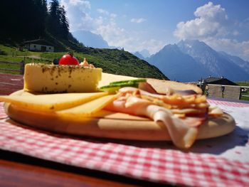 Close-up of breakfast served on table