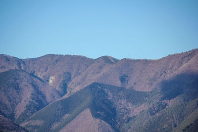 Scenic view of mountains against clear blue sky