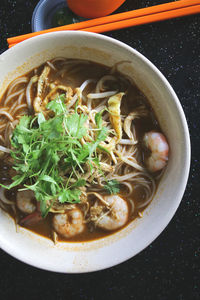 High angle view of soup in bowl on table