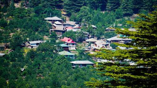 High angle view of townscape by trees in city