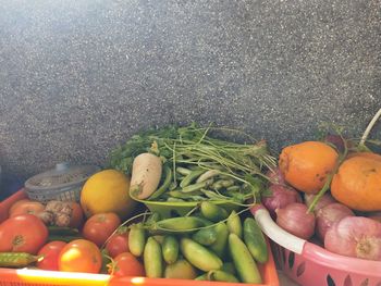 High angle view of fruits and vegetables in container