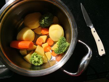 High angle view of vegetables in cooking pan on kitchen counter