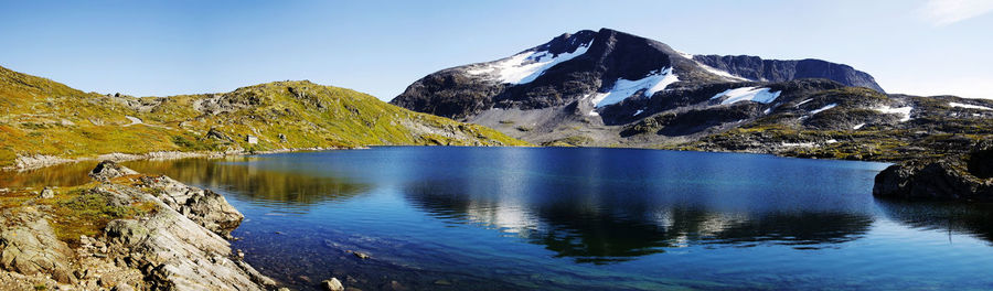 Scenic view of lake and mountains against clear sky