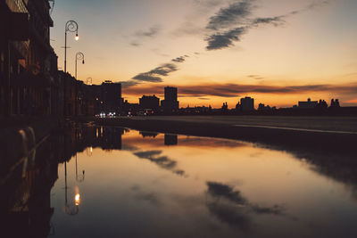 Scenic view of silhouette buildings against sky during sunset