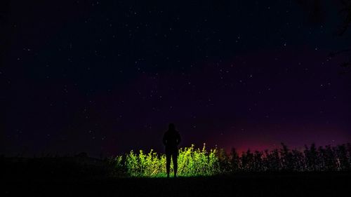 Silhouette man standing by tree against sky at night