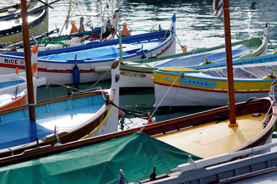 High angle view of fishing boats moored in sea