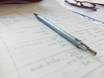 High angle view of pen on table