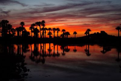 Silhouette trees by lake against orange sky