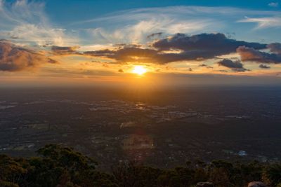 High angle view of landscape against sky during sunset