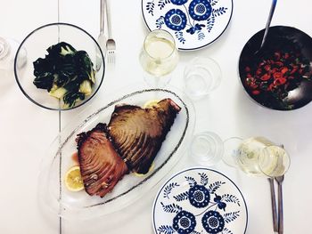 High angle view of food in plate on table