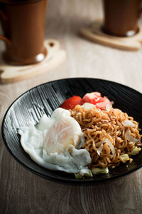 High angle view of food in plate on table