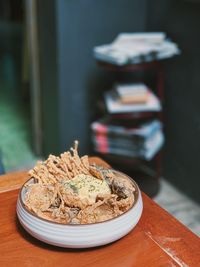 High angle view of food in plate on table