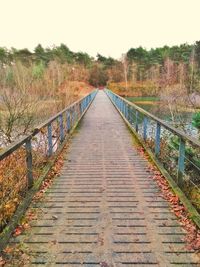 Boardwalk on landscape against clear sky