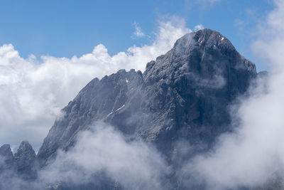 Low angle view of snowcapped mountains against sky