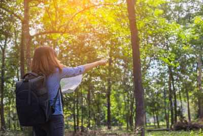 Rear view of woman with map pointing towards trees in forest