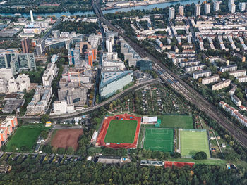 High angle view of road amidst buildings in city