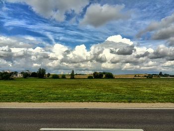 Trees on field against cloudy sky