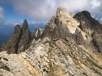 View of the peak of torre di pisa in the italian dolomites, trentino alto-adige, europe