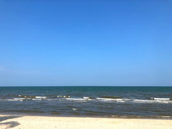 Scenic view of sea against clear blue sky