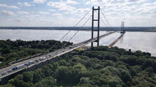 High angle view of suspension bridge against sky