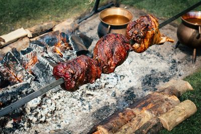 Close-up of meat on barbecue grill