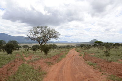 Dirt road by landscape against sky