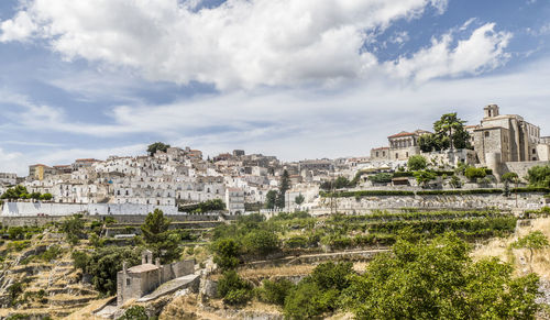 Buildings in town against cloudy sky