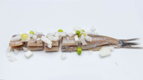 High angle view of bread on white background