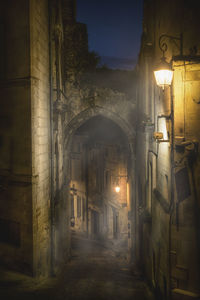 Illuminated alley amidst buildings in city at night