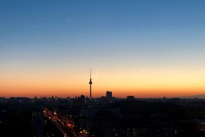 Aerial view of buildings in city during sunset