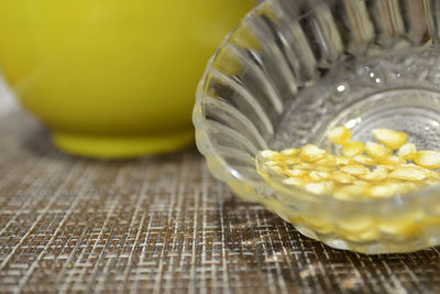 High angle view of drink in bowl on table