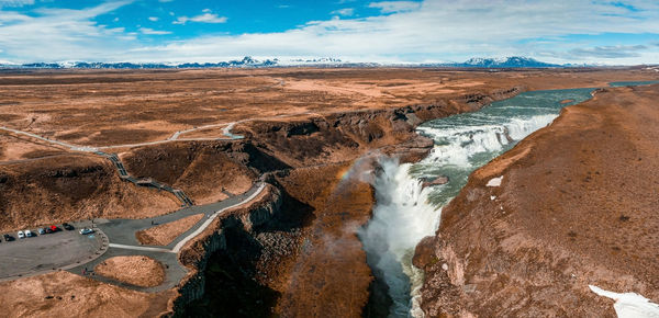 Panoramic aerial view of popular tourist destination - gullfoss waterfall.