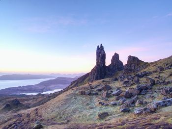 Famous exposed rocks old man of storr, north hill in isle of skye island of highlands in scotland.