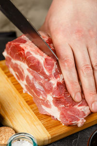 Close-up of person preparing food on cutting board