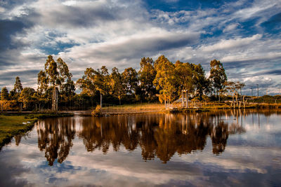 Reflection of trees in lake against sky