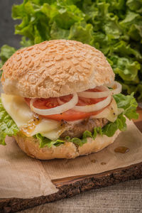 Close-up of burger on table