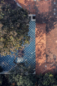 High angle view of trees and buildings in city