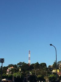 Low angle view of building against clear blue sky