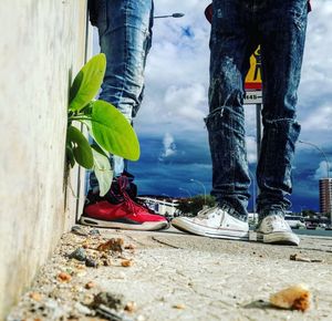 Low section of friends standing on road against sky